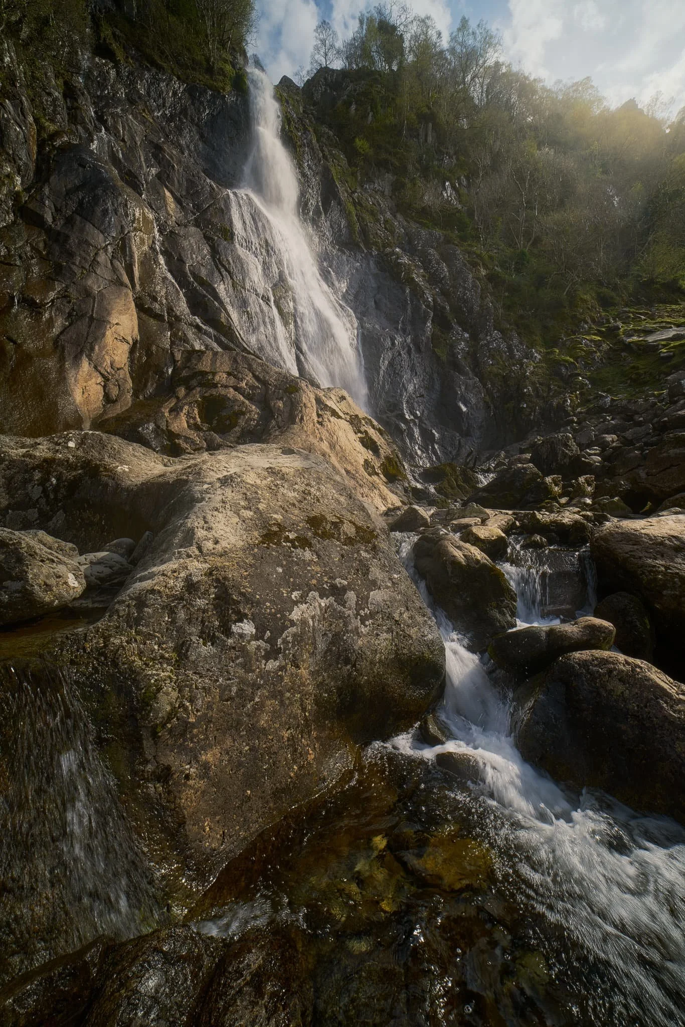  We made it to Aber Falls in no time and began scrambling around the boulders, seeking compositions of this 120ft waterfall plunging into its pool. 