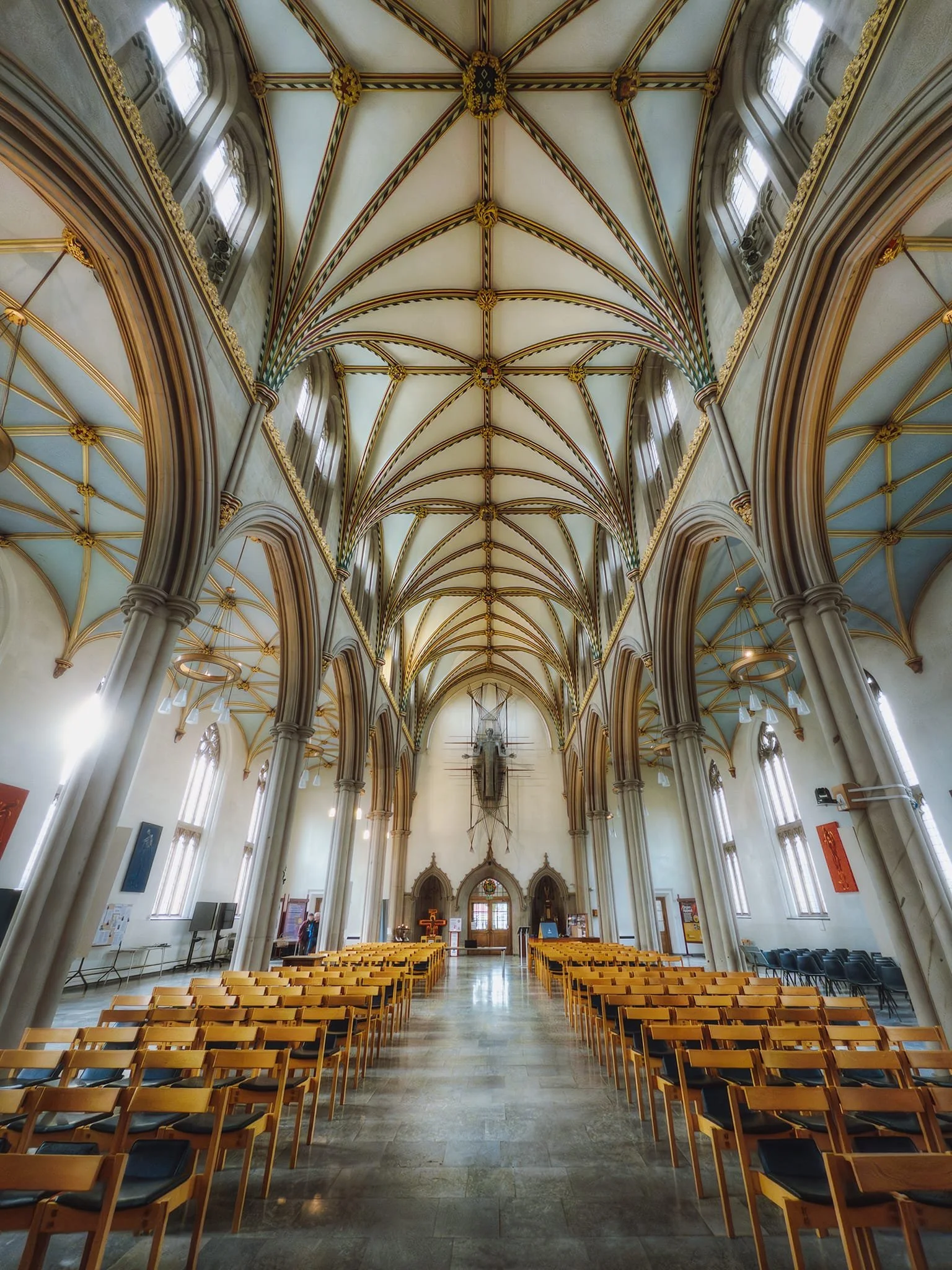  The impressive nave, look west. Designed by architect John Palmer in 1826, the nave&rsquo;s ceiling was cleaned and repainted during the completion scheme of the 1960s. 