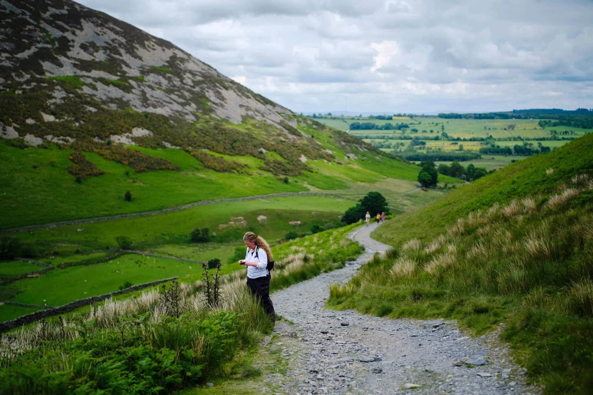  Looking back, I spot Lisabet nabbing a photo of a bee on some thistle. The cloudy conditions increased the humidity of the day, and soon we were rather damp in sweat. 