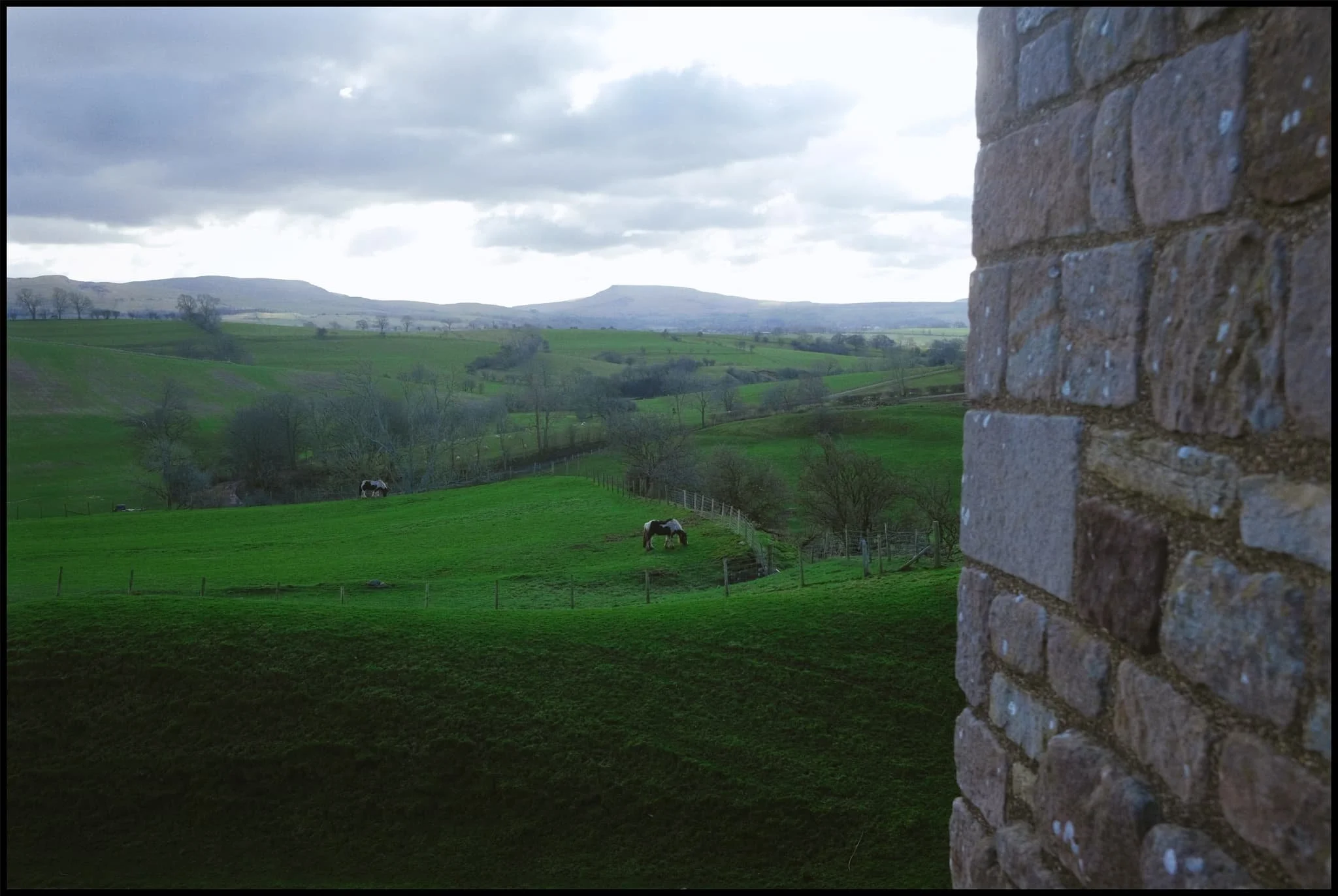  In the neighbouring fields, horses graze peacefully. In the distance, the flat-topped Wild Boar Fell in Mallerstang can be made out. 