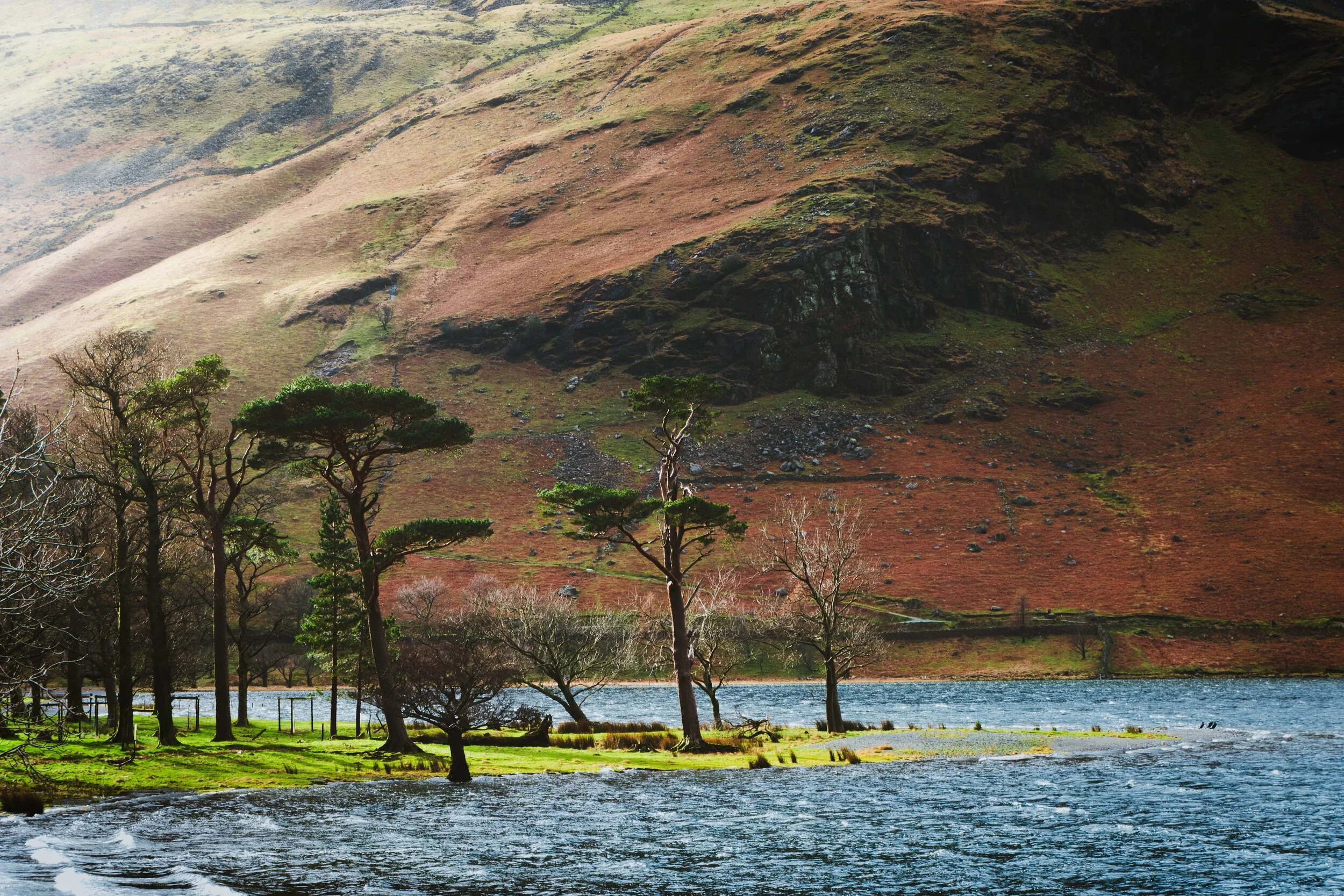  Sunlight escapes through the clouds, highlighting the details in High Pike&rsquo;s craggy foot. The ancient woodland at the shore of Buttermere continue getting battered by the high winds and waves. 