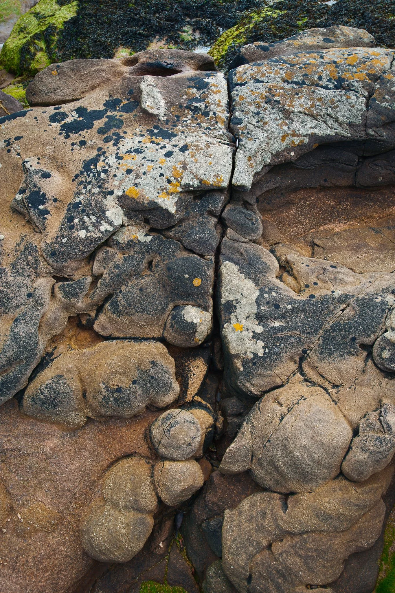  Another unusual feature you&rsquo;ll find at Cheswick Sands are these &ldquo;bubbles&rdquo; or pillows of rock, called  concretions . Geologists aren&rsquo;t sure how concretions form, but it&rsquo;s thought that mineral-rich water was in excess in the wet sediments and the mineral was able to precipitate within the rock under particular chemical conditions. 