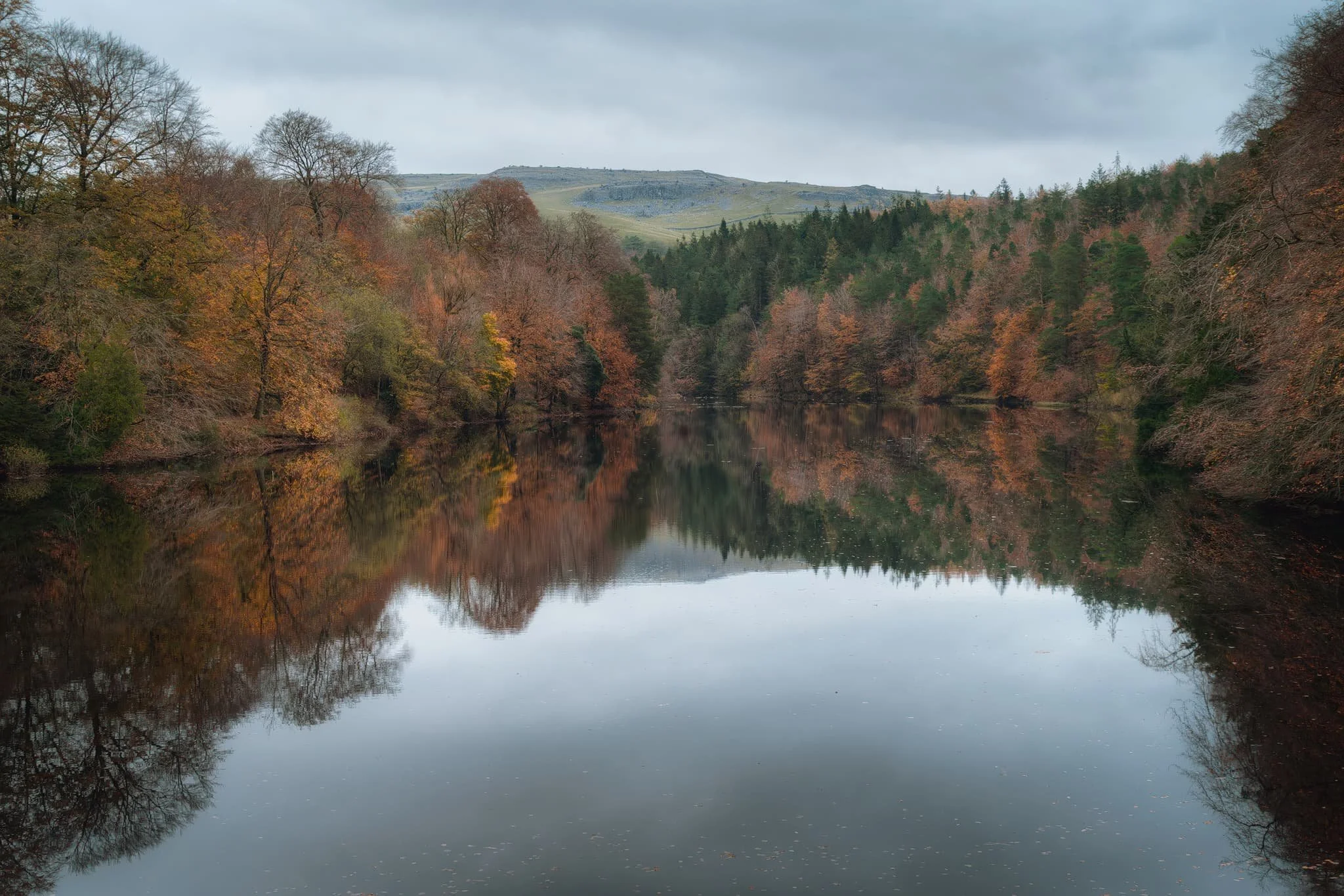  Clapham Lake, surrounded by the last of this year&rsquo;s autumn colours on a lifeless day. Like the waterfall, the lake was constructed by the Farrer family as a dam to hold back the waters of Clapham Beck. 