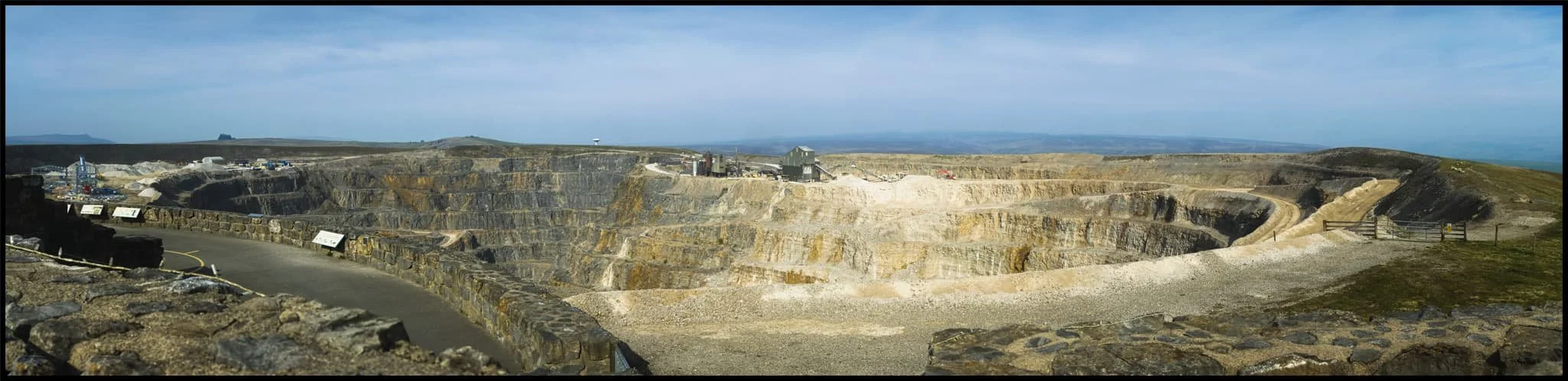  A 5-shot panorama of the view from one of the many view areas at Coldstones Cut. The construction overlooks the imposing Coldstones Quarry, the last remaining quarry in the area that was once dominated by a multitude of limestone quarries. It&rsquo;s estimated the quarry has 15-20 years of productivity left, after which it will be left to green over and return to nature. 