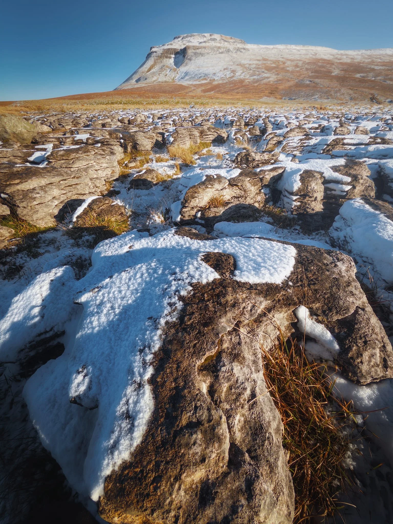  Up on top of White scar pavement, the clints and grykes covered in snow and Ingleborough&rsquo;s shape looking impressive. 