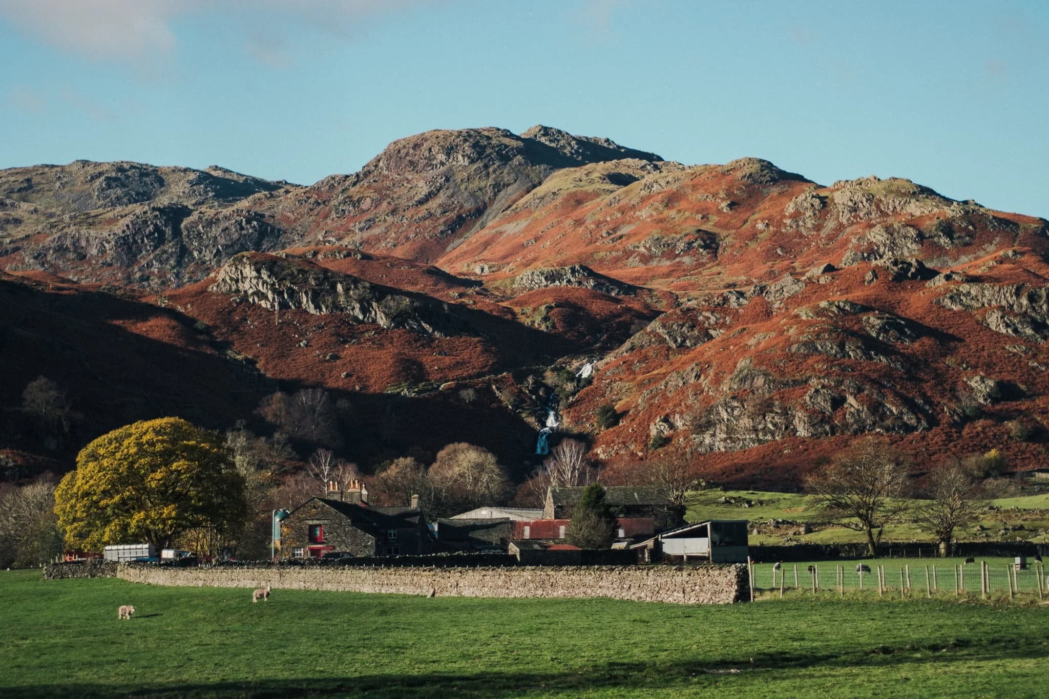  Looking back, beyond the ancient Brimmer Head Farm to the waterfall and Easedale fells. 