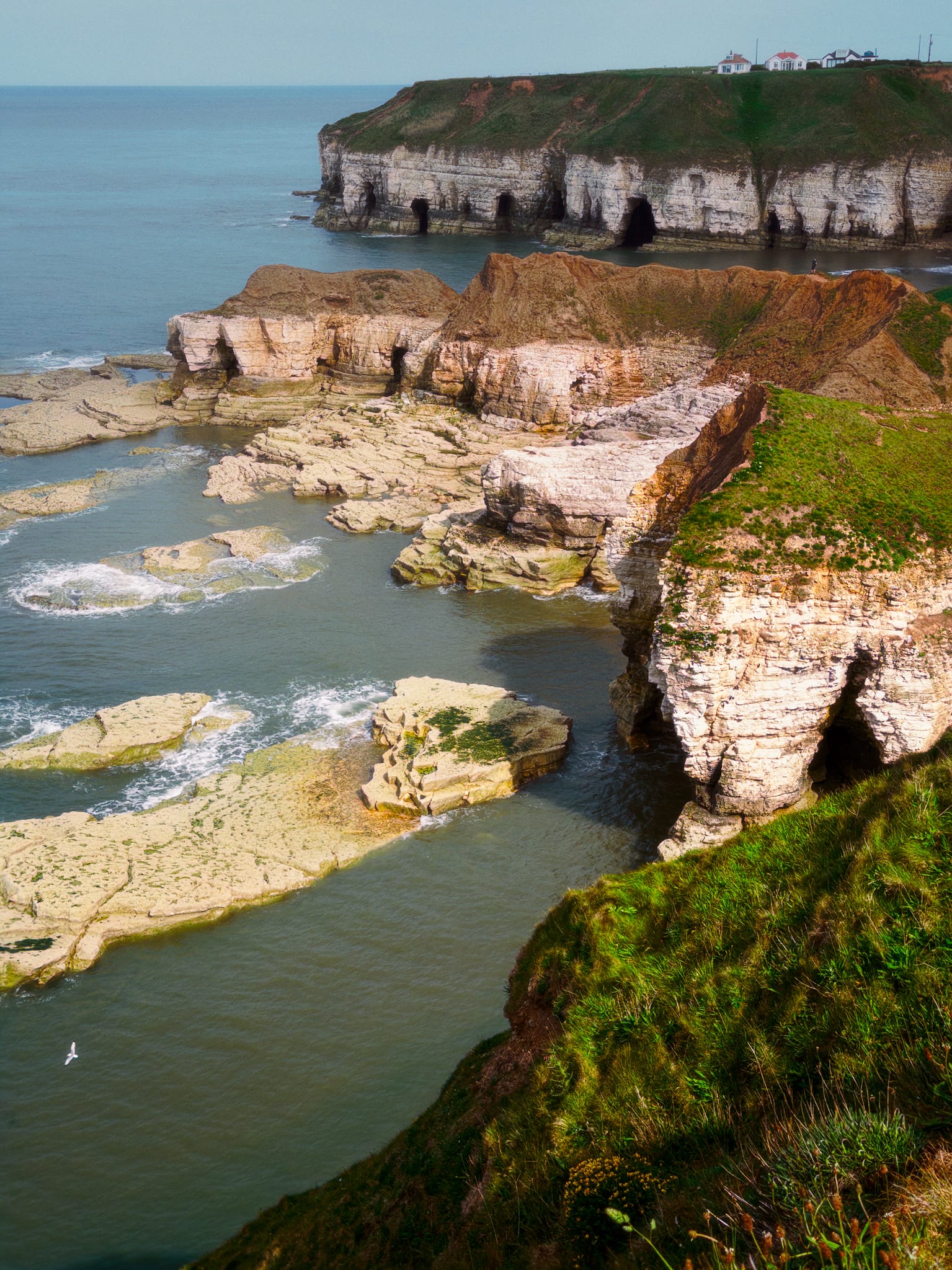 An incredible view. Near, the cliffs and Nab of Thornwick Bay, with the bay’s eastern cliffs in the distance. Not a bad spot for a house… if you’re confident they’ll remain in place for long enough.
