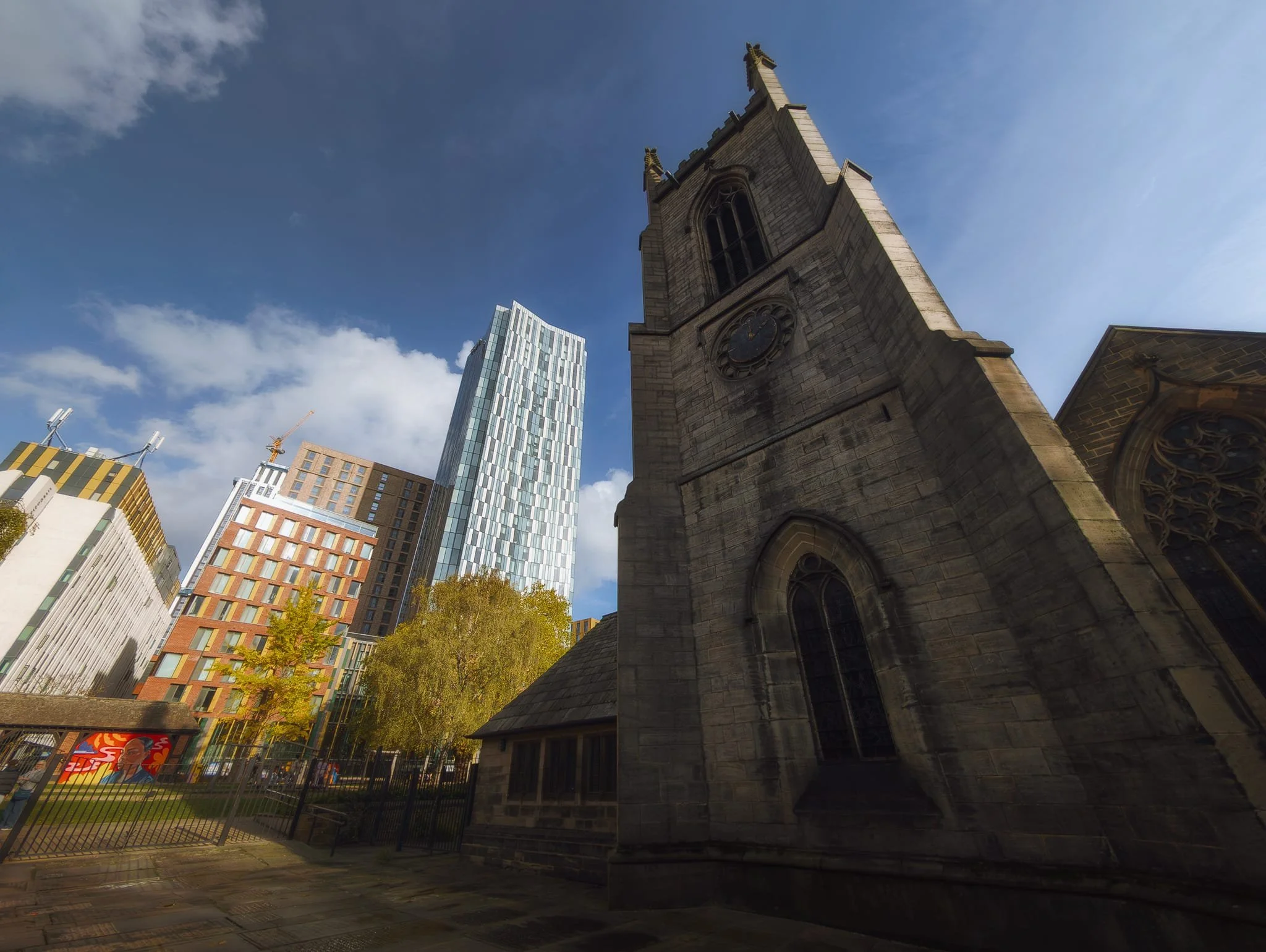  Talking of old and new, here&rsquo;s a more extreme example. The church is St. John the Evangelist&rsquo;s Church, established in 1634 and is the oldest building in Leeds city centre. Now redundant, it&rsquo;s under the care of the Churches Conservation Trust. Dominating the skyline behind is the  Scrape  student accommodation building. 