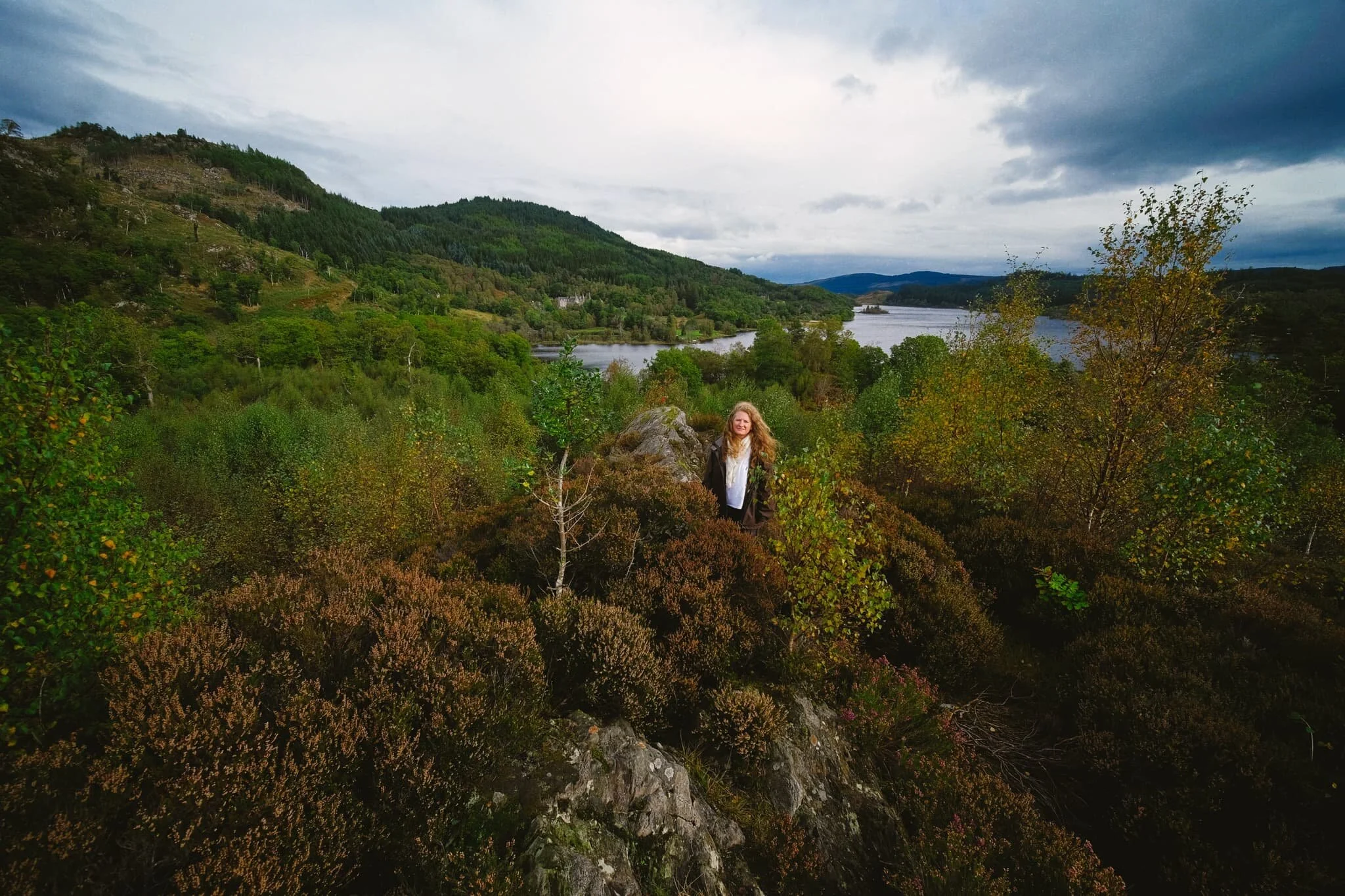  My lovely Lisabet, amongst the heather and trees on the summit of  Creag Noran . 