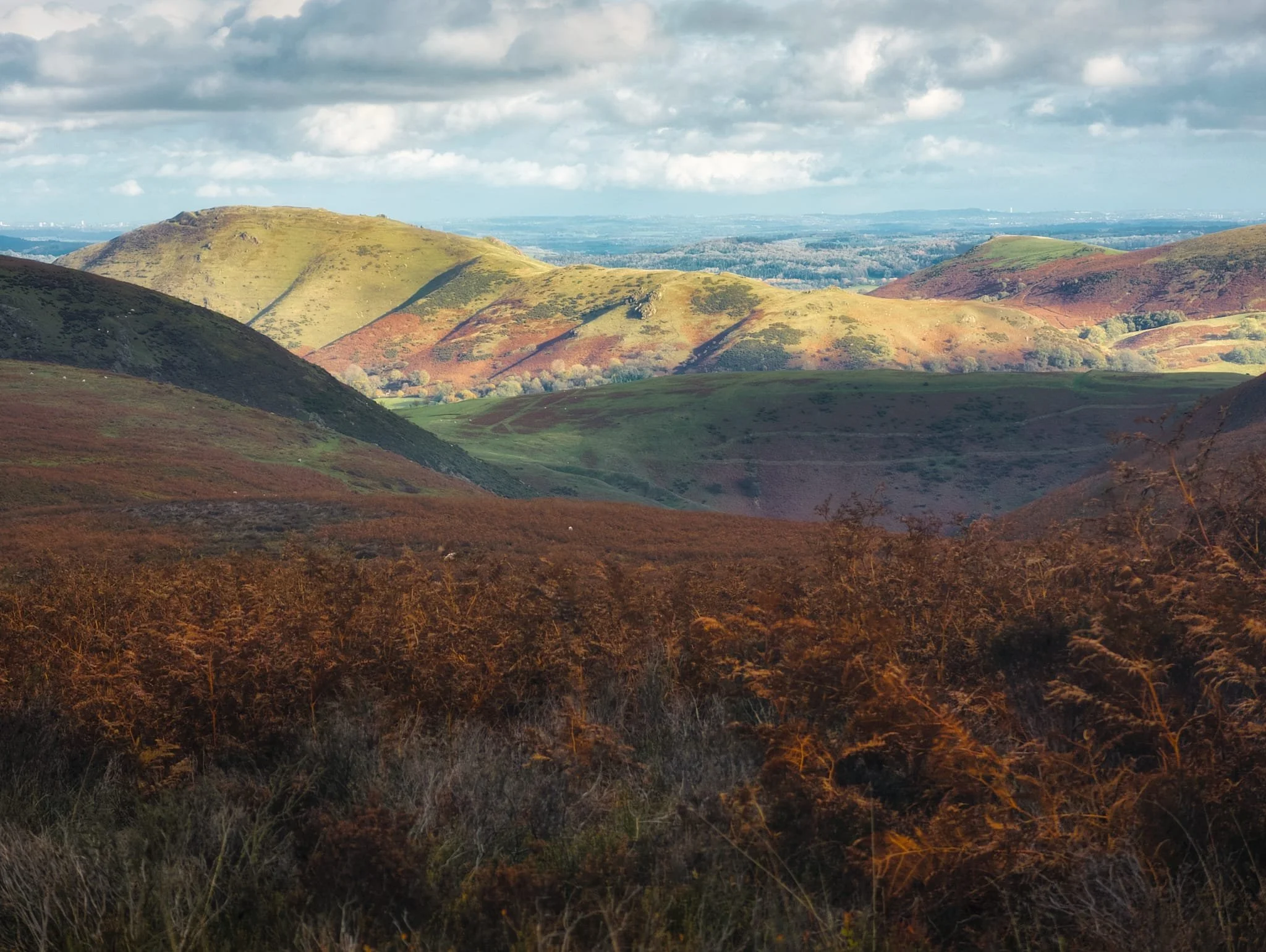 Rather than navigating the ravine back down, we instead continued onwards onto the broad plateau of the Long Mynd. Here, the views really open up. The Long Mynd just means &ldquo;long mountain&rdquo;, probably of Brittonic origin, as this broad upland plateau is 7 miles long. Whilst a dark cloud started to pass over us, the light beamed across the valley and illuminated the shape of Caer Caradoc (459 m/1,506 ft). 