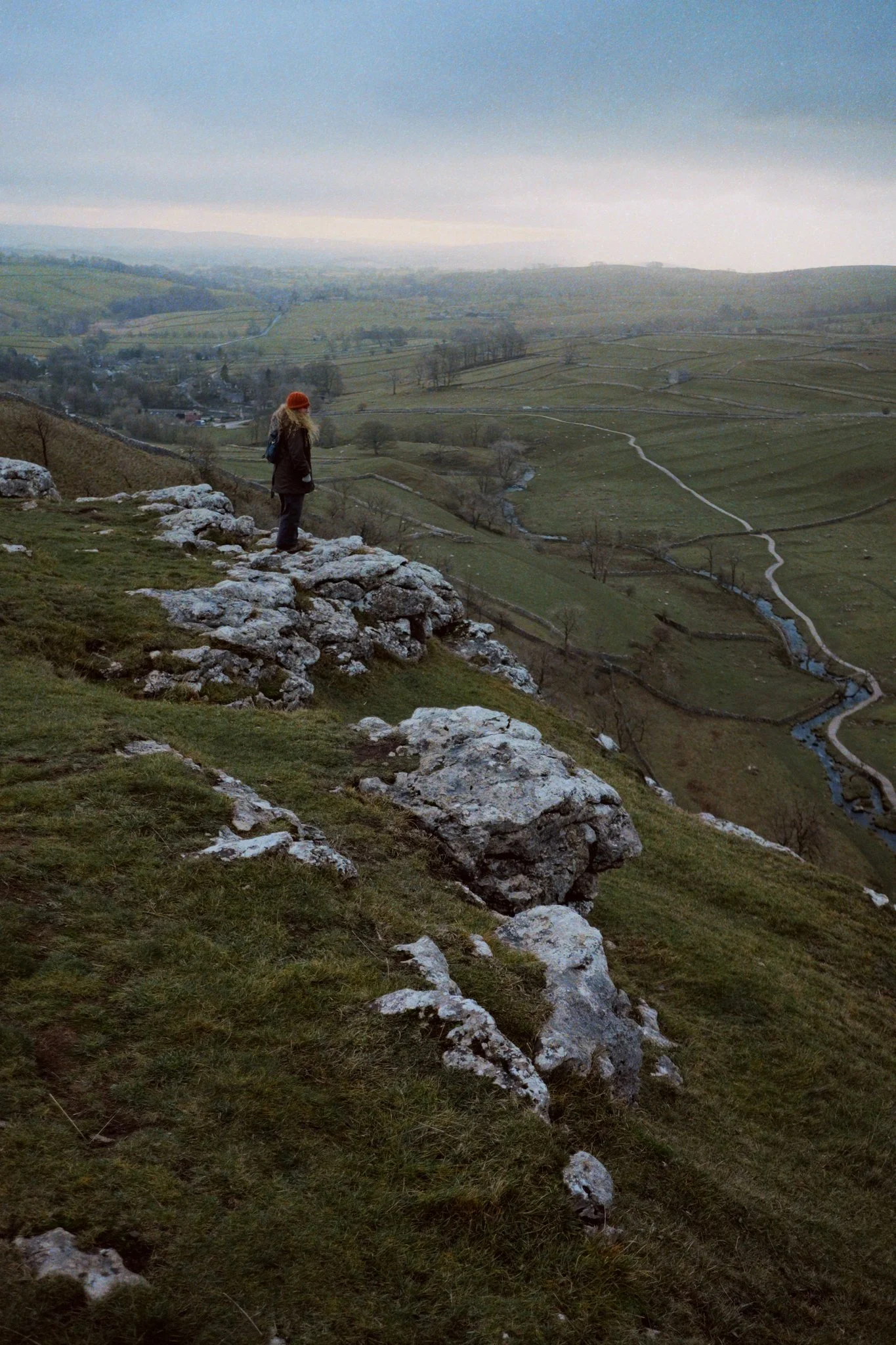  My lovely Lisabet being unusually daring near the edge of Malham Cove&rsquo;s eastern shoulder. That&rsquo;s quite a drop, honey… 