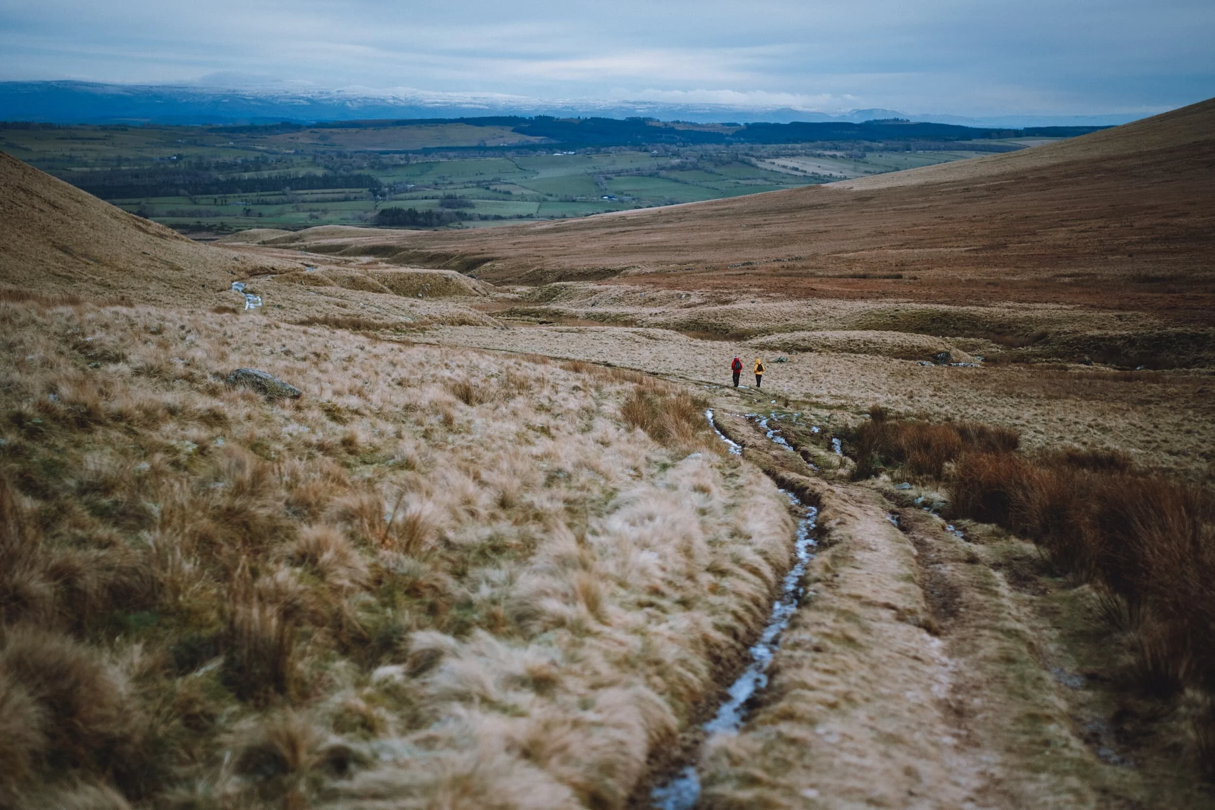  Looking back the way we came. In the far distance is the snow-capped escarpment known as the North Pennines. It peaks at Cross Fell (893 m/2,930 ft), which is the highest summit in England outside of the Lake District. 