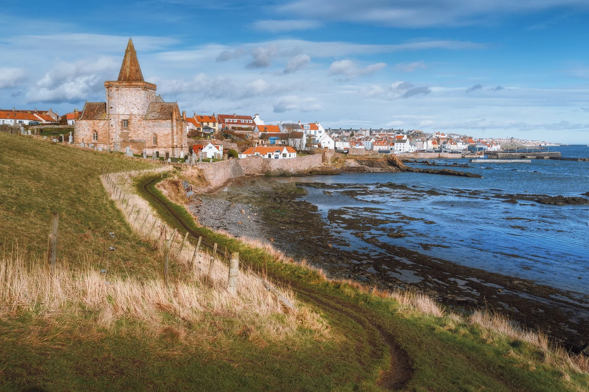  St. Monans in all its glory with St Monans church on the left. The church dates from 1369 CE, built by King David II Bruce. It&rsquo;s usually known as &ldquo;the church nearest the sea&rdquo;, which is probably true.  