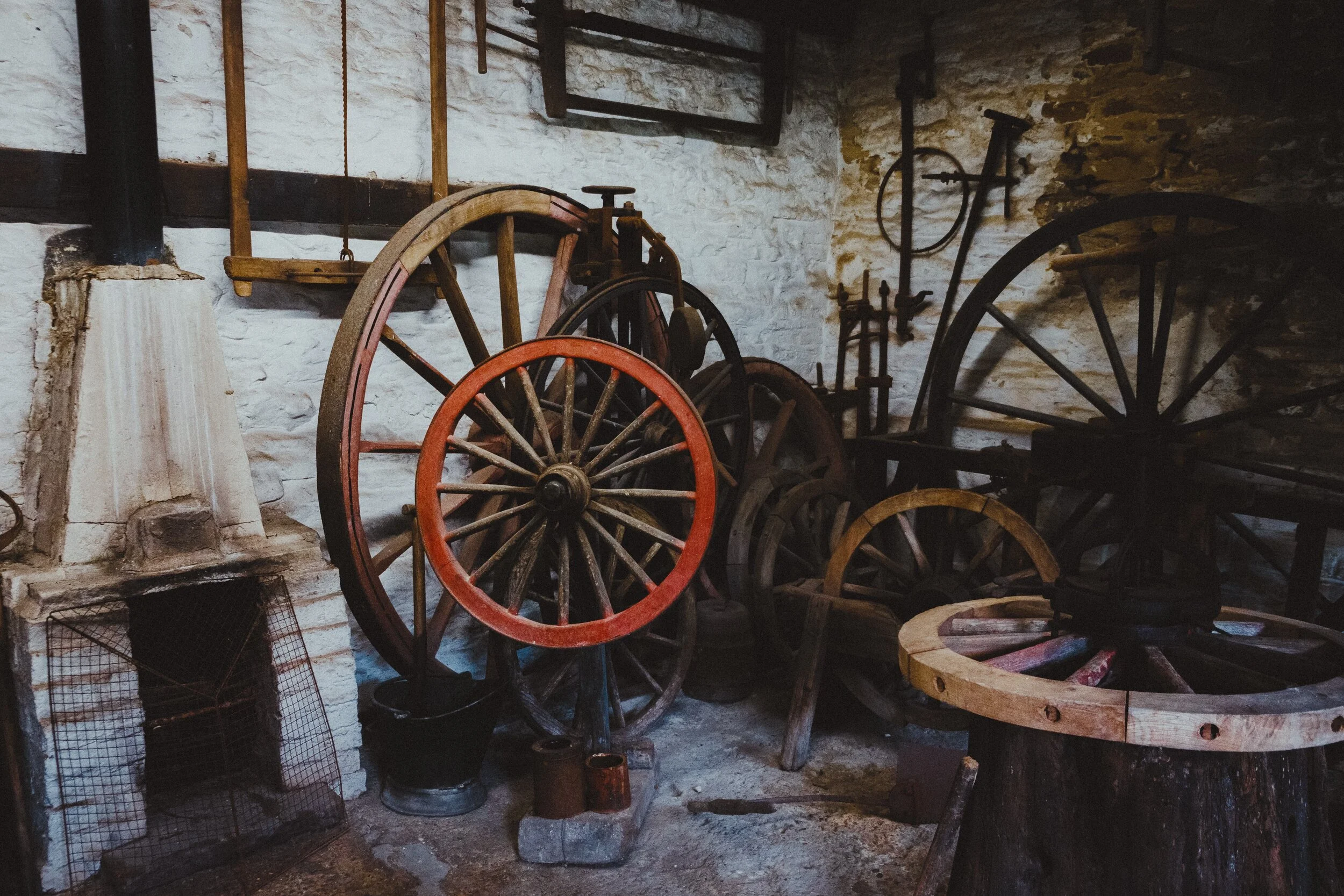  A Wheelwright&rsquo;s workshop, who were largely occupied with building and repairing wooden wheels for carts, wagons, traps, coaches, and carriages. 