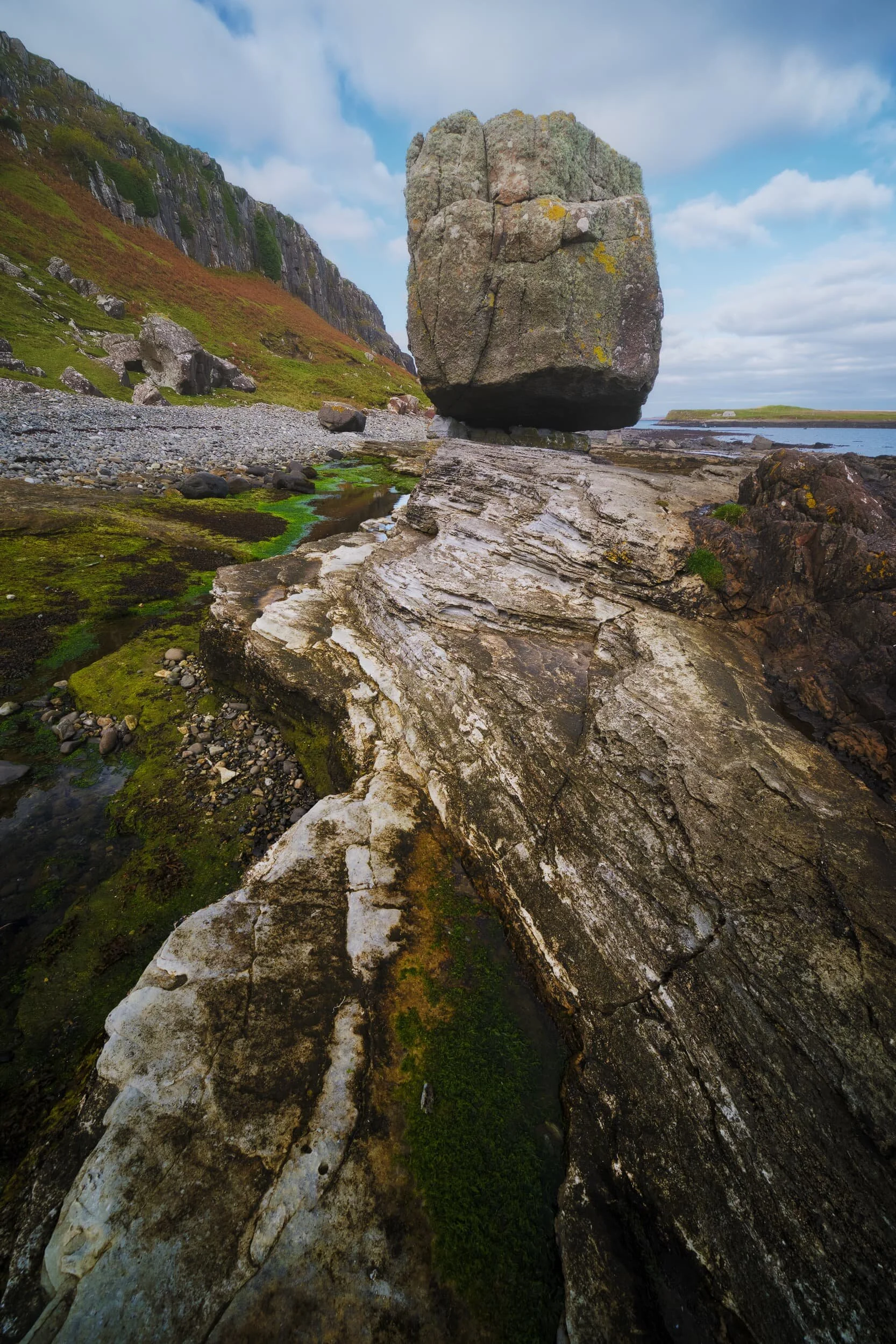  A glacial erratic remains perched on the raised bed of rock at  An Corran , Staffin. 