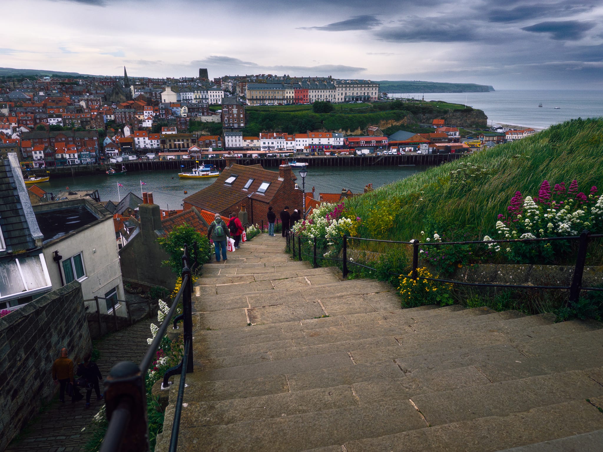 Heading up Whitby&rsquo;s famous 199 Steps. Originally made of wood and recorded as early as 1340, these steps were used by churchgoers to reach St Mary&rsquo;s. This exact staircase plays a starring role in Bram Stoker&rsquo;s 1897 novel Dracula. In the book, the vampire takes the form of a large hound that bounds up these 199 steps after his shipwrecked vessel, the Demeter, runs aground on the beach below.