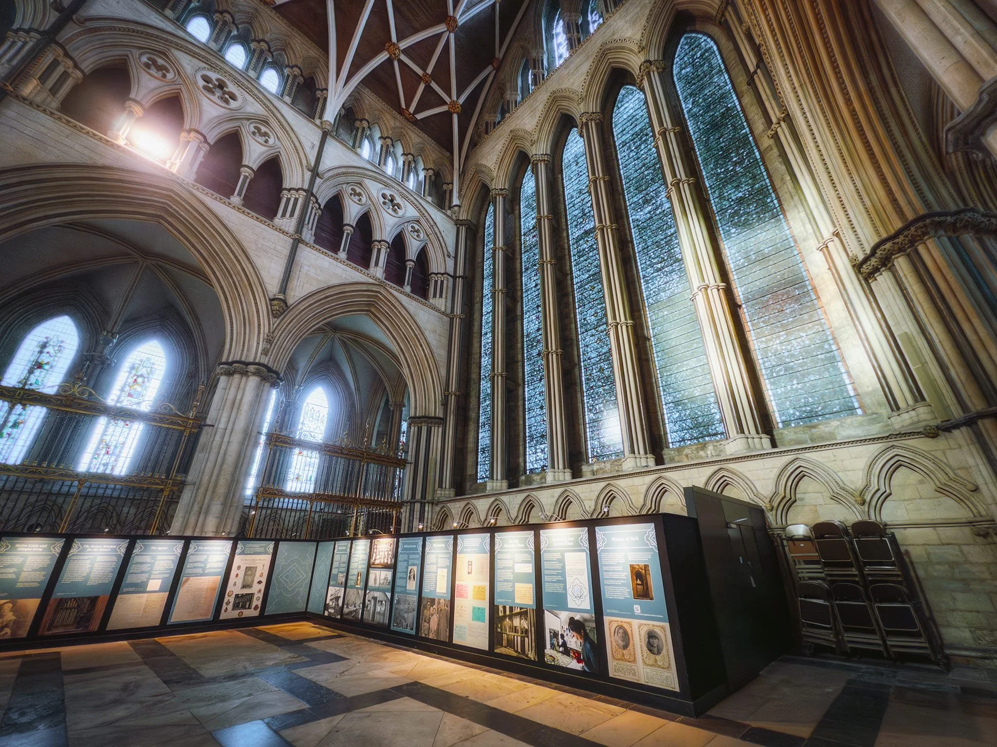  Built c.1250–1260 in the north transept, the  Five Sisters  window contains the world&rsquo;s largest expanse of 13th-century grisaille glass and holds the Guinness record as the British Isles&rsquo; largest ancient stained-glass window. Restored 1923–1925, it is the UK&rsquo;s only memorial to women of the British Empire killed in WWI line of duty. 