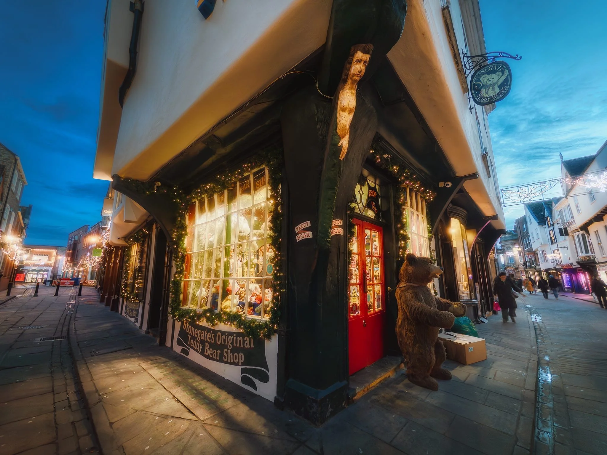  Stonegate&rsquo;s  Original Teddy Bear Shop . The shop is housed in a crooked 15th-century timber-framed building, additionally featuring a 17th-century corner post carving of a mermaid. 